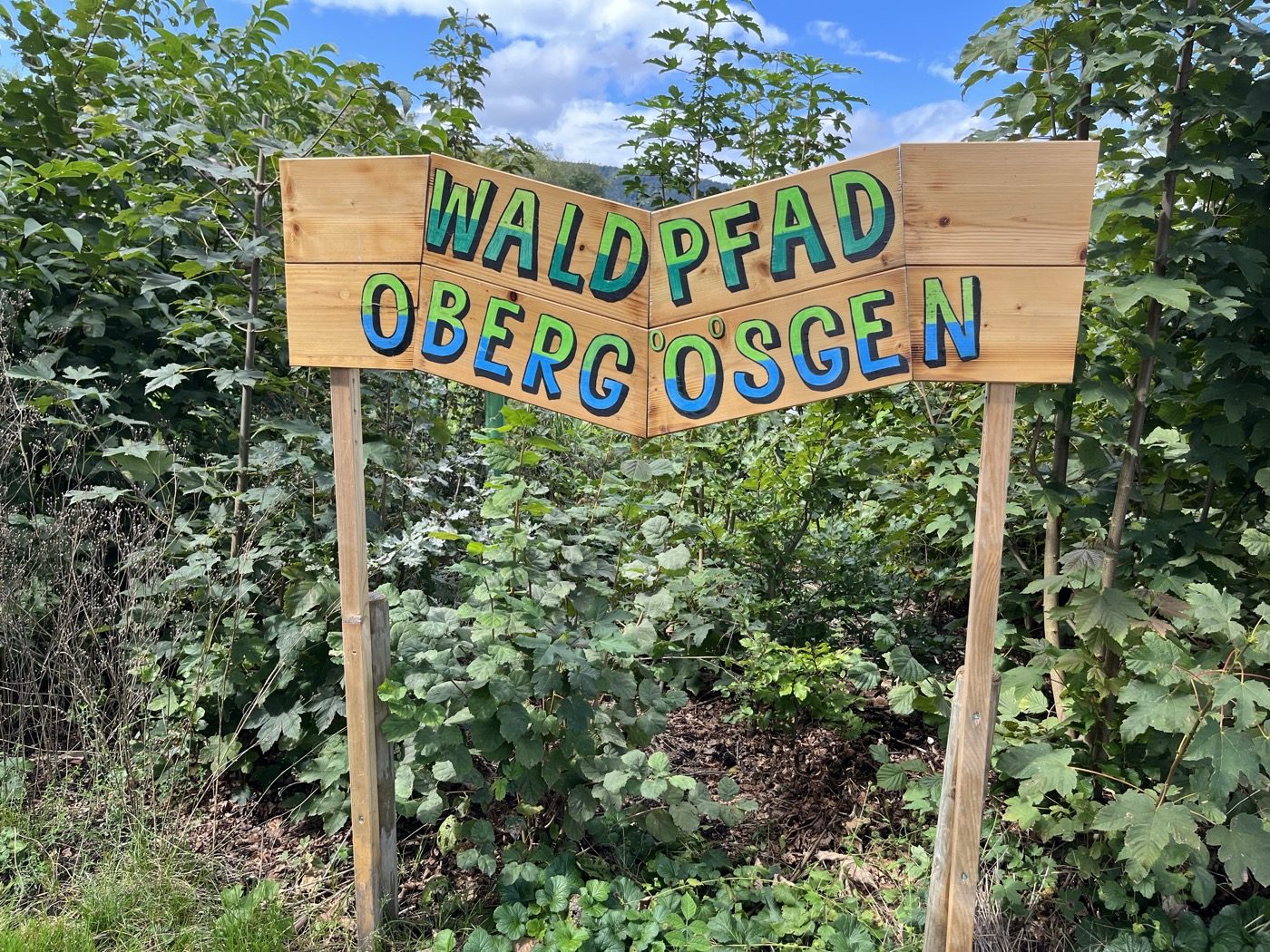 Bunt bemaltes Holzschild „Waldpfad Obergösgen“ im Gebüsch.